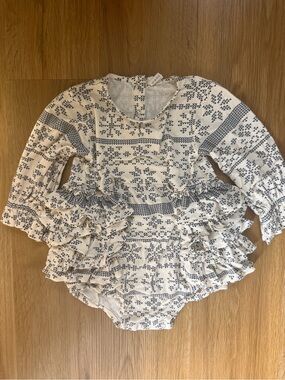 Ruffled Baby Romper in Cream and Navy
